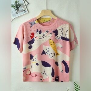 030 • Eyelet Thin Loose-Fit Printed Round Neck Pullover Cat Print Sweater
